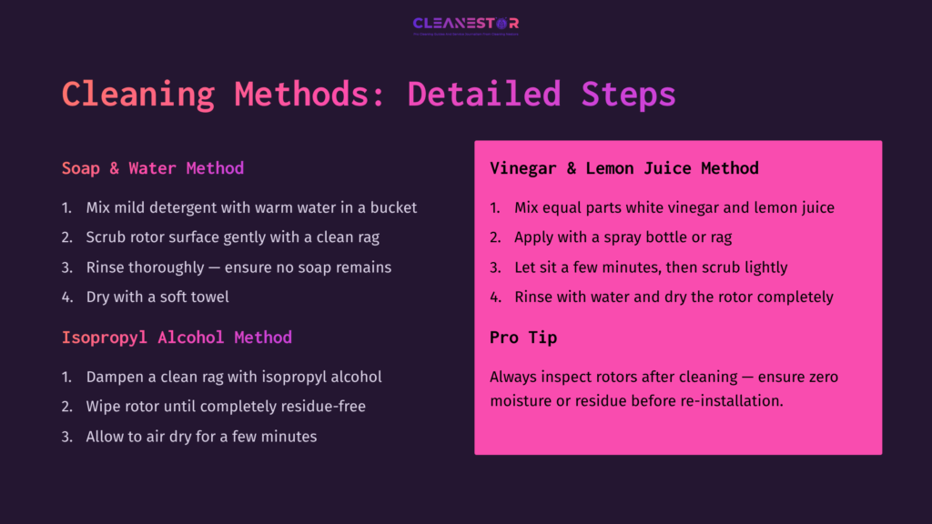 Instructions For Cleaning Brake Rotors, Featuring Sections On Soap And Water, Isopropyl Alcohol, And A Vinegar And Lemon Juice Method.