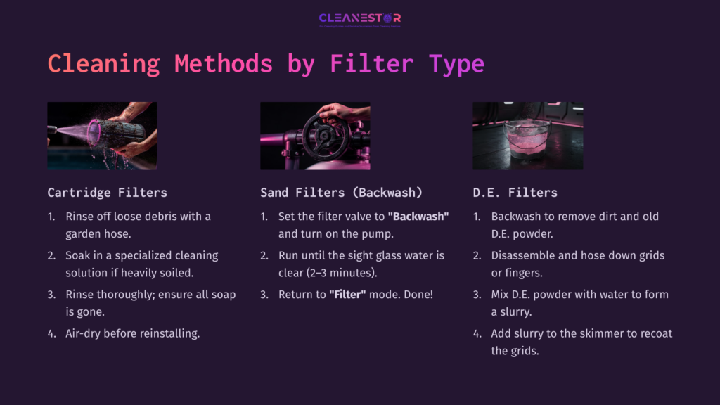Cleaning Methods For Pool Filters, Including Cartridge, Sand, And D.e. Filters, Are Shown With Steps In White Text On A Dark Background.