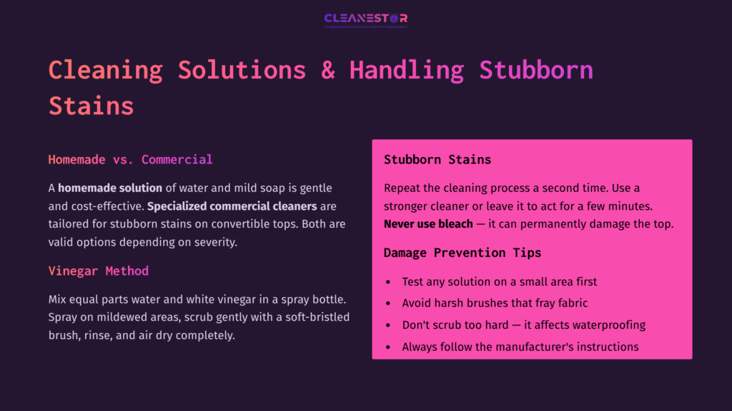 Instructions On Cleaning Stubborn Stains On Convertible Tops, With Highlighted Tips And A Vinegar Solution Method, Set Against A Dark Background.