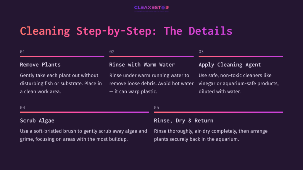 6 Cleaning Step By Step The Details Instructions For Cleaning Aquarium Plastic Plants, Featuring Steps On Removing, Rinsing, Scrubbing, And Returning Them To The Tank.