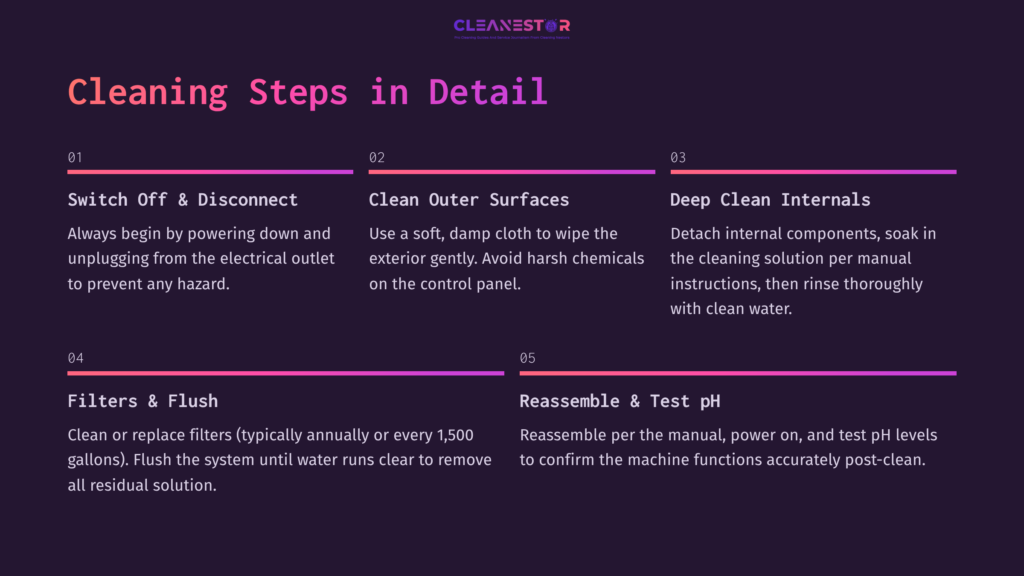 Four-Step Cleaning Guide For A Kangen Machine, Featuring Instructions In Purple Text On A Dark Background, Organized With Clear Headings And Numbered Sections.