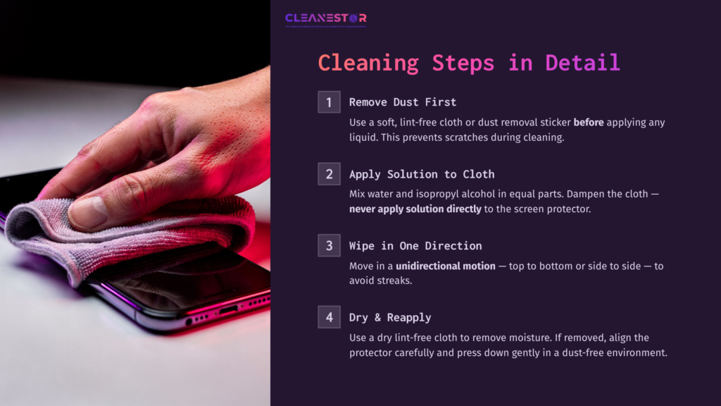 6 Cleaning Steps In Detail Hand Holding A Cloth With Cleaning Solution, Wiping A Smartphone Screen, With Step-By-Step Cleaning Instructions In A Visually Contrasting Layout.