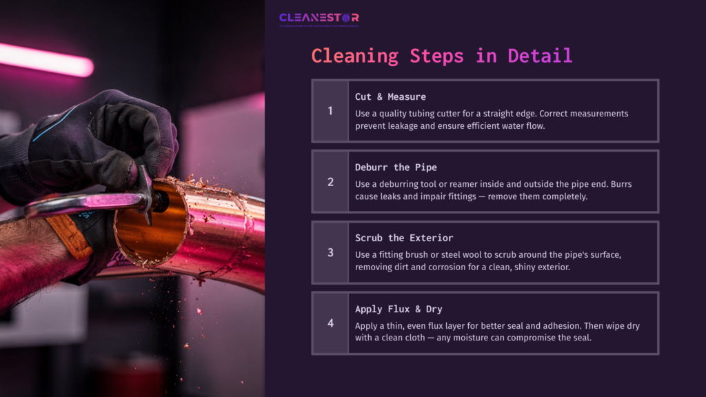 A Hand Holding A Shiny Copper Pipe, With Tool And Cleaning Steps Outlined On A Dark Purple Background, Emphasizing Repair Techniques.