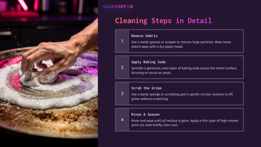 A Hand Scrubs A Griddle With White Foam And Baking Soda, Surrounded By Colorful Kitchen Lighting, With Clear Cleaning Instructions Displayed.