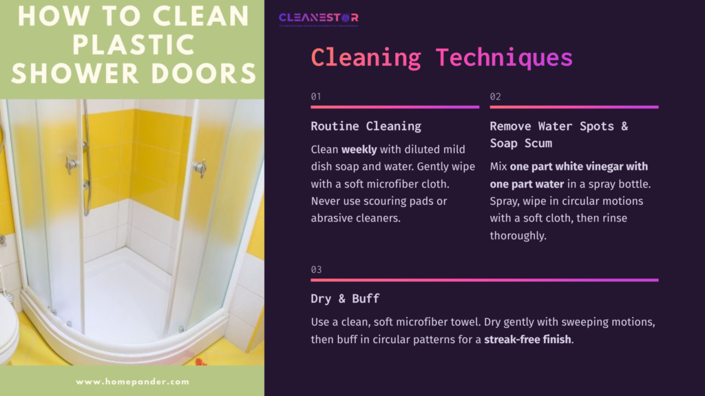 Infographic Outlining Cleaning Techniques For Plexiglass Shower Doors With Steps On Routine Cleaning, Removing Water Spots, And Drying.