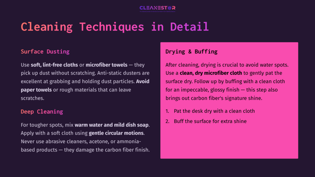 Text Displayed On A Purple And Pink Background Outlines Cleaning Techniques For Carbon Fiber Desks, Highlighting Drying, Buffing, And Deep Cleaning Steps.