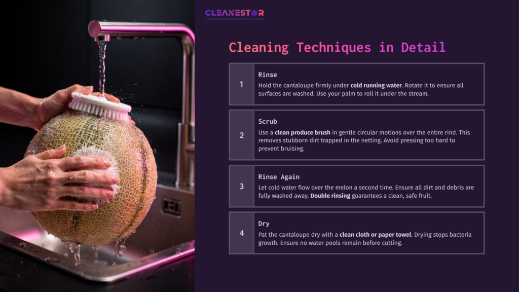 A Cantaloupe Held Under Running Water In A Sink, With Steps Listed For Cleaning Techniques Alongside A Dark Background.