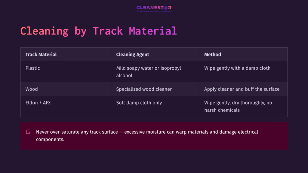 6 Cleaning By Track Material Table Detailing Cleaning Methods For Slot Car Tracks, Listing Materials, Agents, And Methods In Purple And Pink Text On A Dark Background.
