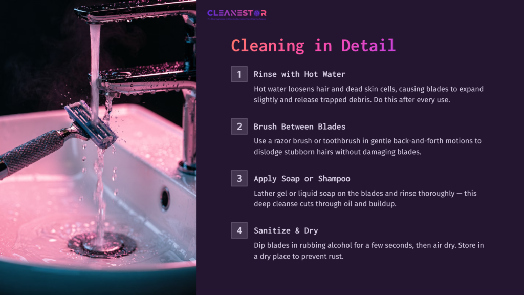 A Razor Resting In A Sink With Running Water, Alongside Instructions In White Text On A Purple Background Detailing Cleaning Steps.
