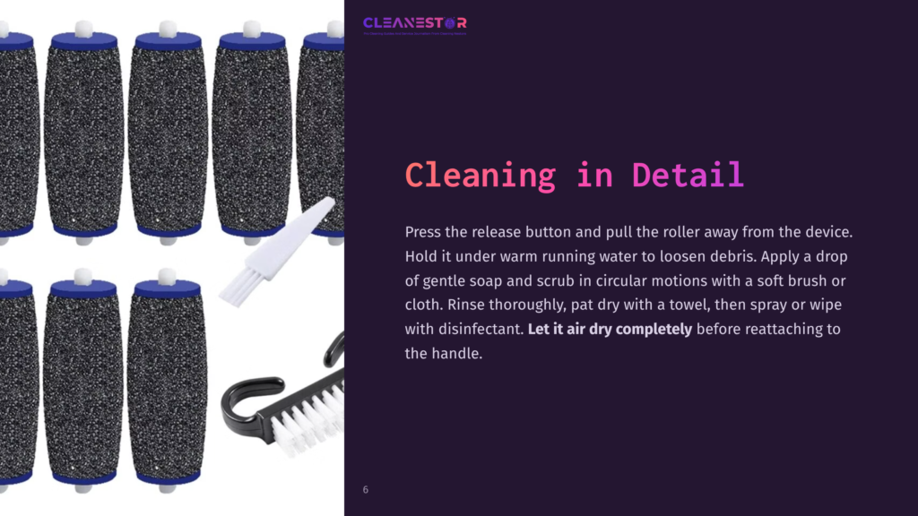 Four Amope Roller Heads In Varying States Of Cleanliness, Shown With Cleaning Brushes And A Manual. Background Features A Muted, Light Color.