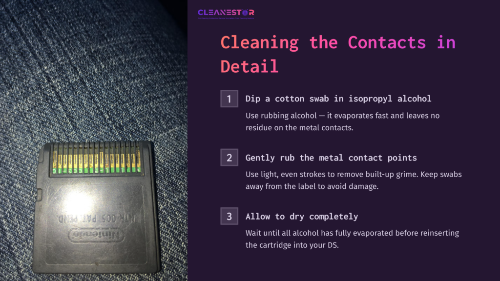 A Black Ds Cartridge On Denim Fabric, Alongside Cleaning Instructions In A Purple Background, Detailing Steps For Cleaning Contacts.