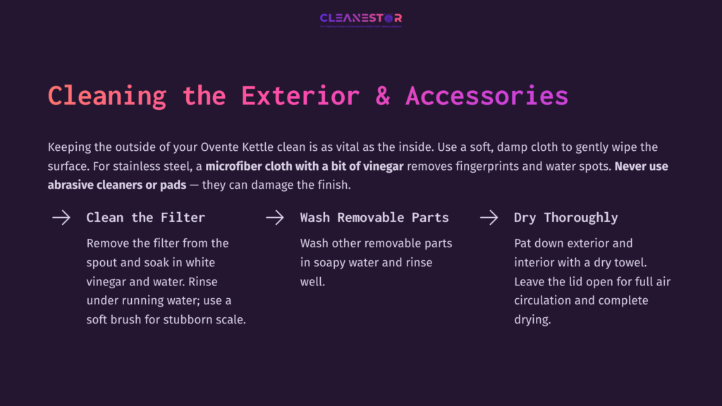 Text Instructions On Cleaning An Ovente Electric Kettle, Featuring Headings In Pink, White Arrows, And A Dark Background For Emphasis.