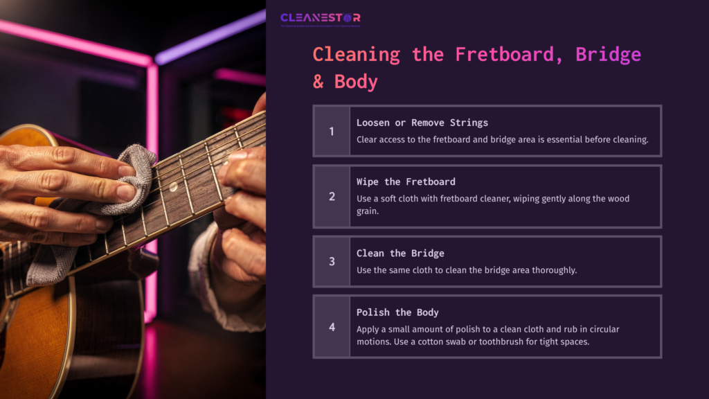 Close-Up Of Hands Cleaning A Guitar'S Fretboard, With A Guide On Cleaning Steps And A Soothing Purple Background.