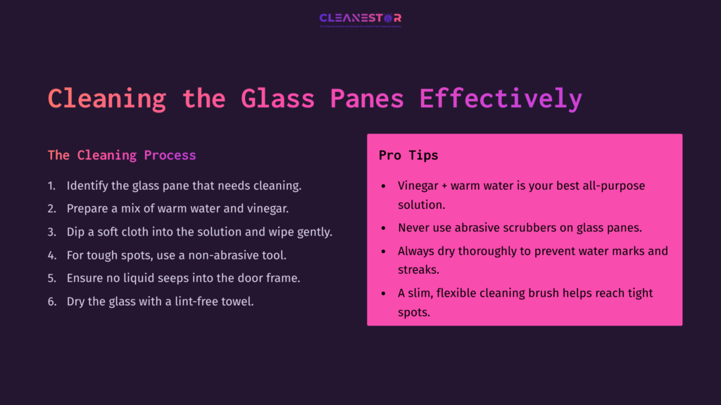 Illustration Of Cleaning Instructions For An Oven Door, Featuring A Purple Background With Text About Cleaning Processes And Pro Tips.