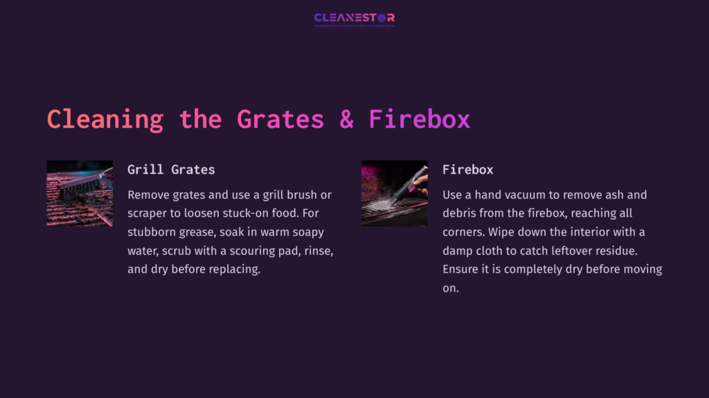 Instructions For Cleaning Grill Grates And Firebox, Featuring Bullet Points On Methods, With A Dark Purple Background And Contrasting White Text.