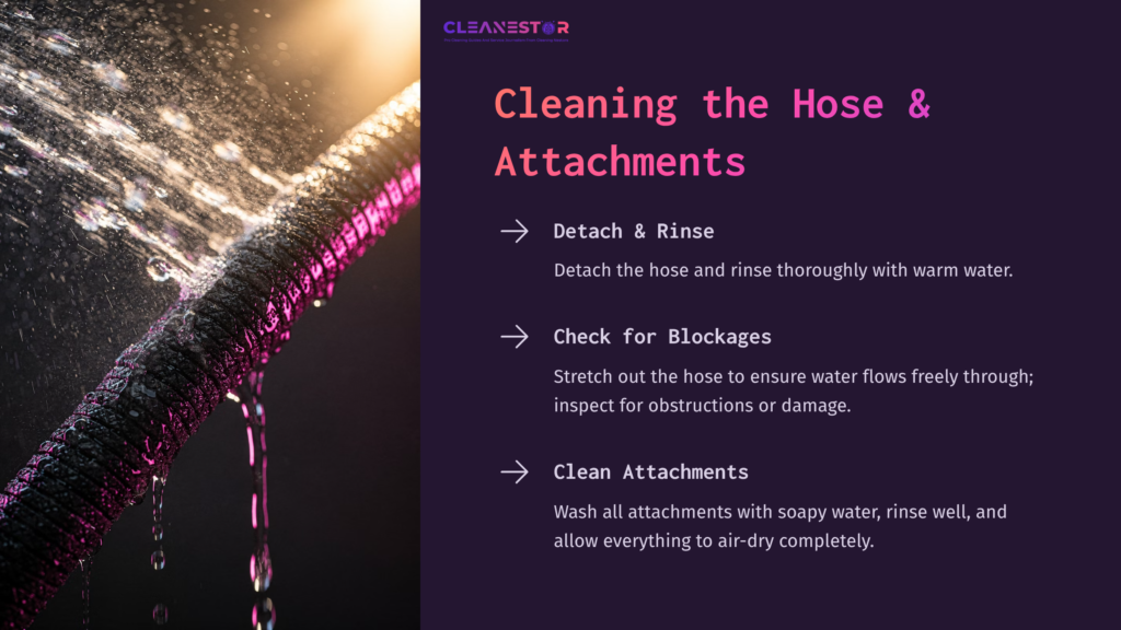 A Close-Up Of A Black Bissell Hose With Pink Accents, Alongside Cleaning Instructions For Detaching, Rinsing, And Checking Attachments.
