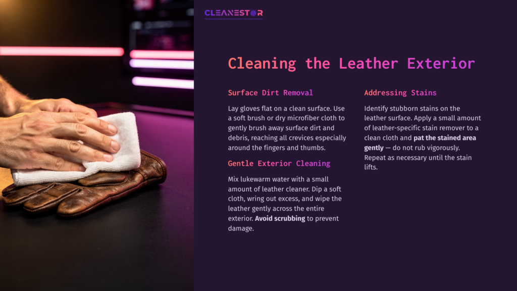 A Person Cleaning A Brown Leather Glove With A White Cloth, On A Dark Surface, With Cleaning Tips Displayed Beside Them.