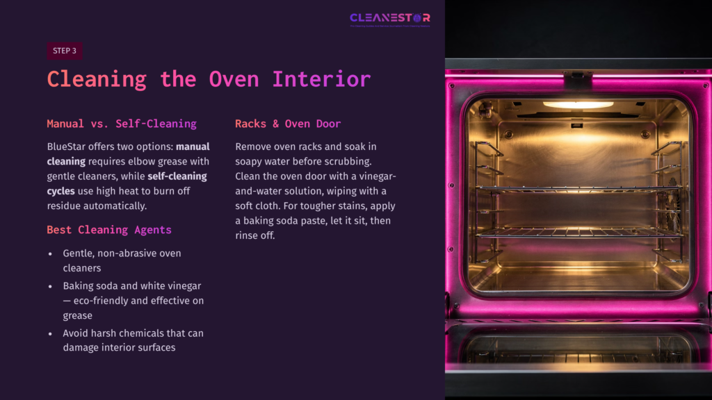 Step 3: Cleaning The Oven Interior With A Purple-Lit Oven Showcasing Racks. Text Highlights Manual Vs. Self-Cleaning Methods And Best Agents.
