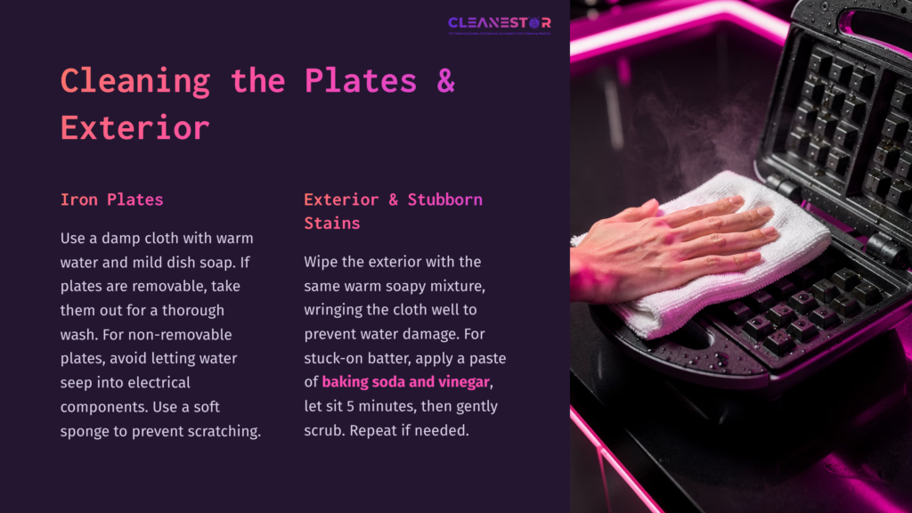Person Wiping A Waffle Maker With A Cloth; Instructions Highlight Cleaning Iron Plates And Removing Stubborn Stains, With Pink Accents.