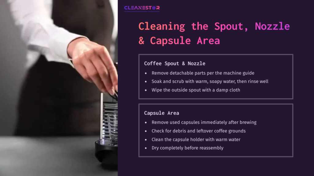 Hand Cleaning The Coffee Spout And Nozzle Of A Nespresso Machine, Alongside Instructions On Capsule Maintenance, In A Dark-Themed Layout.