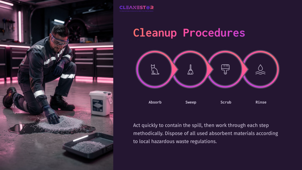 6 Cleanup Procedures A Person In Protective Gear Kneels On The Floor, Absorbing Brake Fluid With White Granules. Visual Steps For Cleanup Arranged Below In Icons.