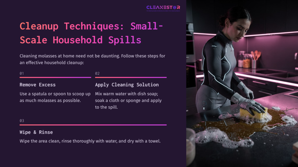 A Woman In A Dark Kitchen Wearing A Sleek Outfit Cleans Up A Spilled, Sticky Molasses Mess With A Cloth, Surrounded By Modern Appliances.