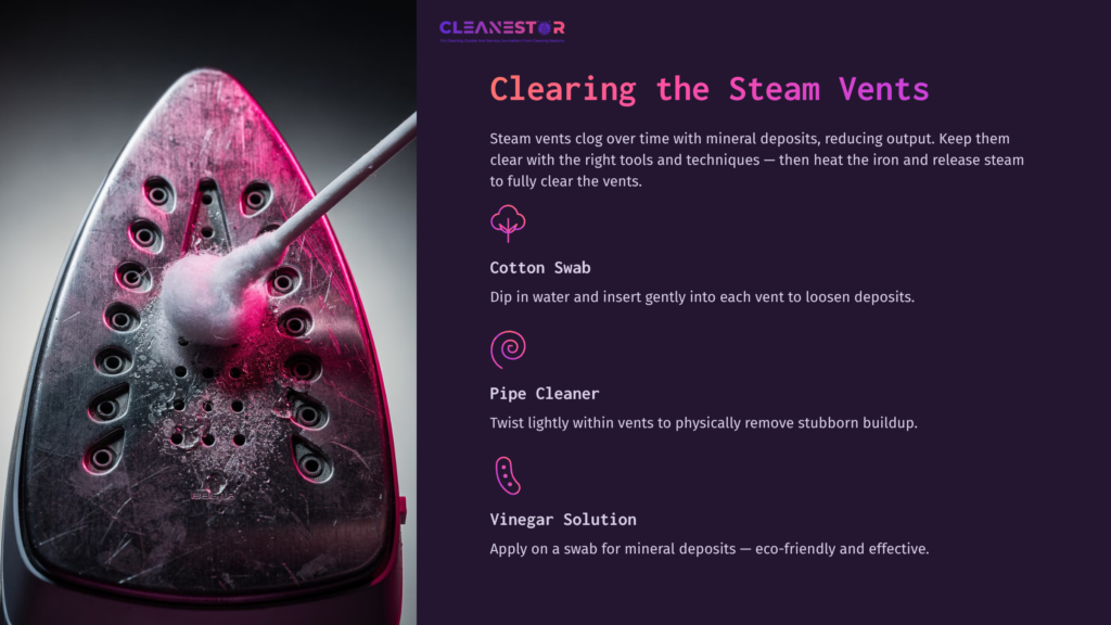 Close-Up Of A Sunbeam Iron With Steam Vents Being Cleaned; Includes Cotton Swab, Pipe Cleaner, And Vinegar Solution In A Sleek Layout.