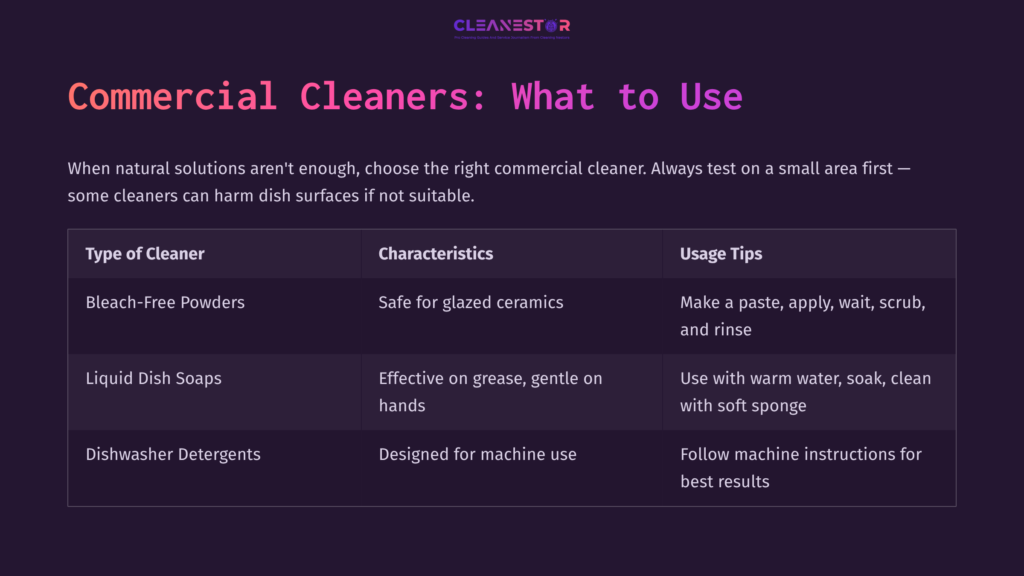 Purple Background With White Text Lists Commercial Cleaners For Pfaltzgraff Dishes. Includes Headings, Characteristics, And Usage Tips.