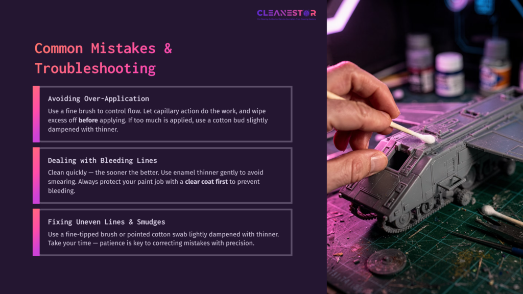 A Person Using A Cotton Bud To Clean Panel Lines On A Model, With A Purple Background Featuring Tips On Common Mistakes And Troubleshooting.