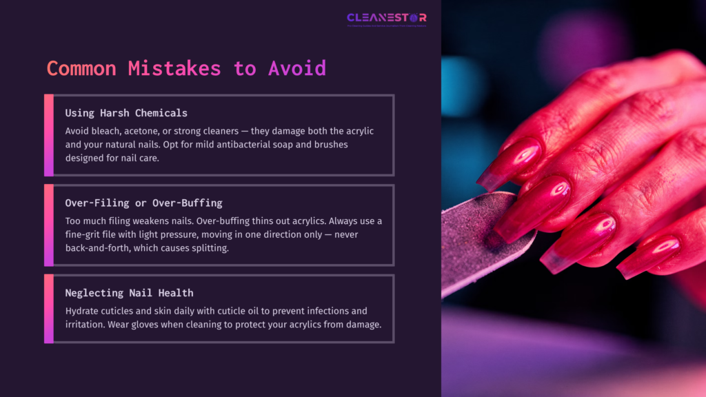 6 Common Mistakes To Avoid 1 Close-Up Of Hands Filing Acrylic Nails, With Vibrant Pink Polish. Text Highlights Common Mistakes To Avoid In Nail Care.