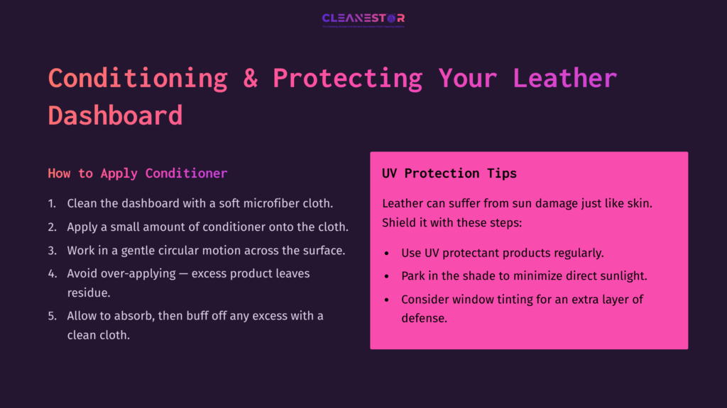 Instructional Graphic With A Dark Purple Background Detailing Leather Dashboard Care, Featuring Tips On Conditioning, Uv Protection, And Application Steps.