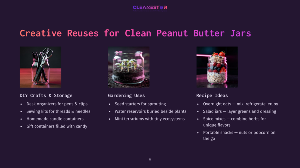 Colorful Layout With A Purple Background Featuring A List Of Creative Uses For Clean Peanut Butter Jars, Including Crafts, Gardening, And Recipes.