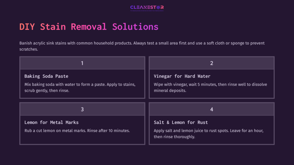 Diy Stain Removal Solutions For Acrylic Sinks, Featuring Six Methods With Numbered Steps, Including Ingredients Like Baking Soda, Vinegar, And Lemon. Background Is Dark Purple With Light Text.