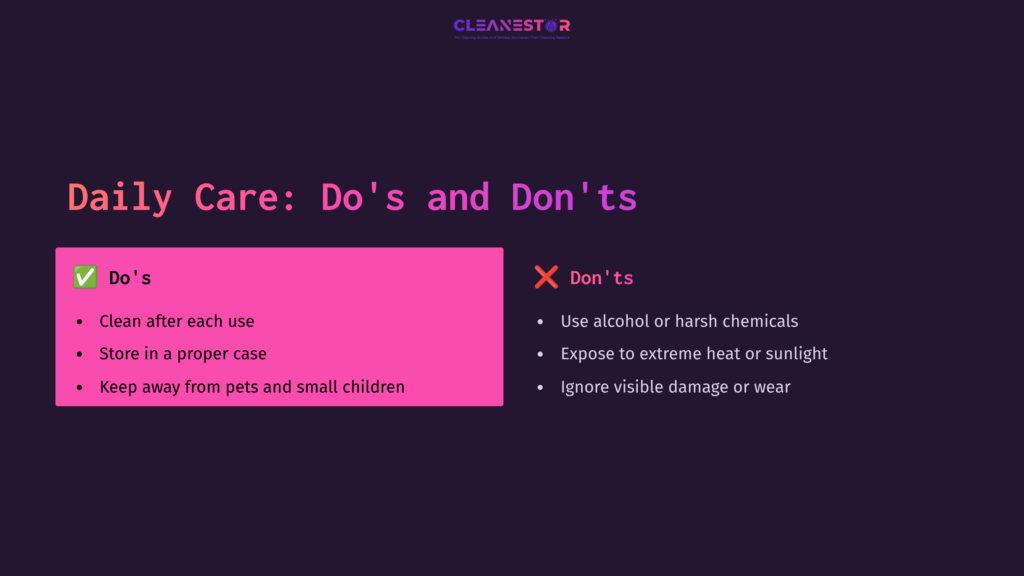 Daily Care Checklist With Pink 'Do'S' On The Left And Red 'Don'Ts' On The Right, Set Against A Dark Purple Background.