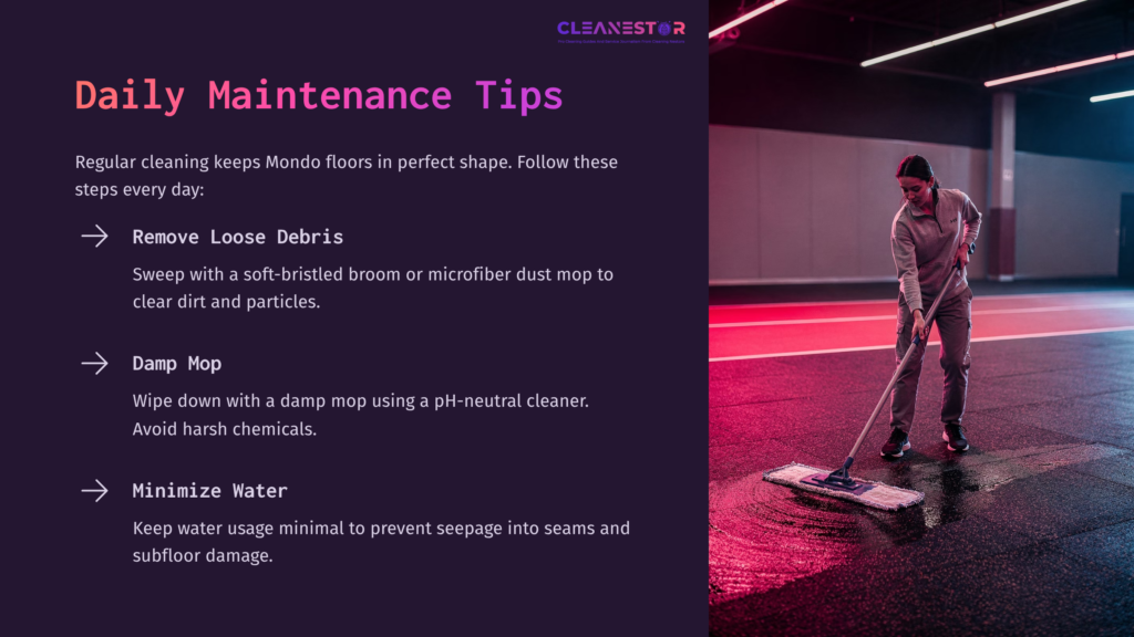 A Person Using A Damp Mop On A Dark Mondo Floor, Illuminated By Pink And Purple Lights, With Maintenance Tips Listed On The Side.