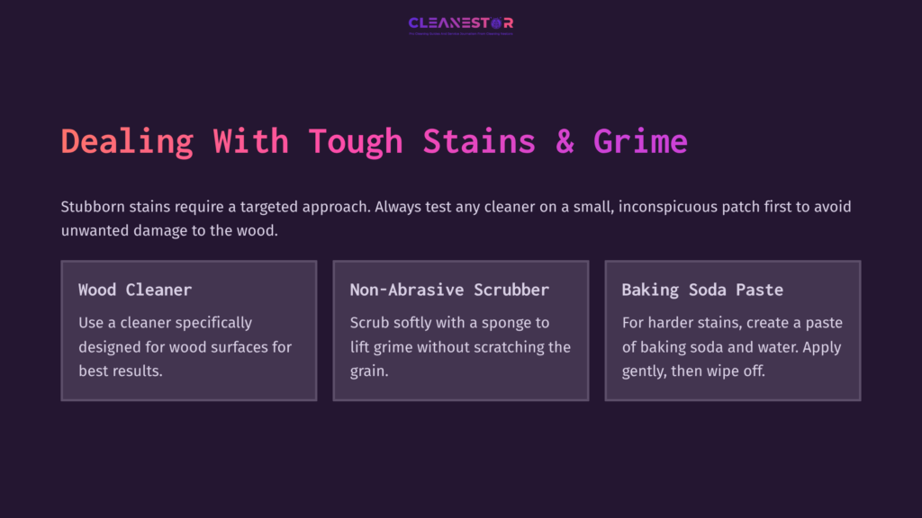 Purple Background With White And Pink Text Outlining Cleaning Methods For Knotty Pine Walls. Key Items: Wood Cleaner, Non-Abrasive Scrubber, Baking Soda.