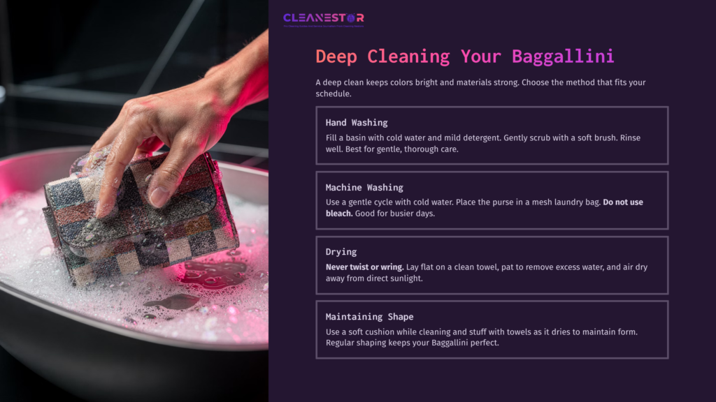 A Hand Washing A Patterned Baggallini Purse In A Bowl Of Soapy Water, With Cleaning Instructions Displayed In Bold Text Alongside.