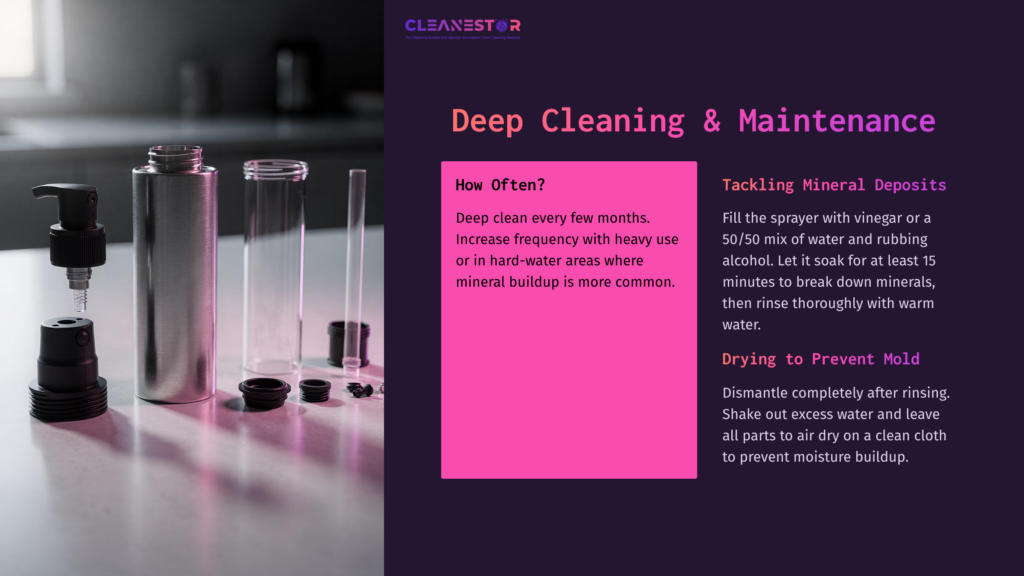 Misto Sprayer Parts Arranged On A Dark Surface, With Instructions In Pink Text Outlining Cleaning Methods And Maintenance Tips.
