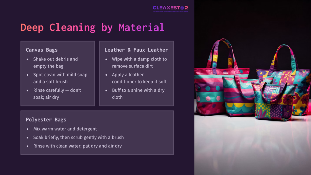 Brightly Colored Thirty-One Bags In Various Patterns Alongside A Clean, White Background, With Cleaning Tips For Different Materials In Text.