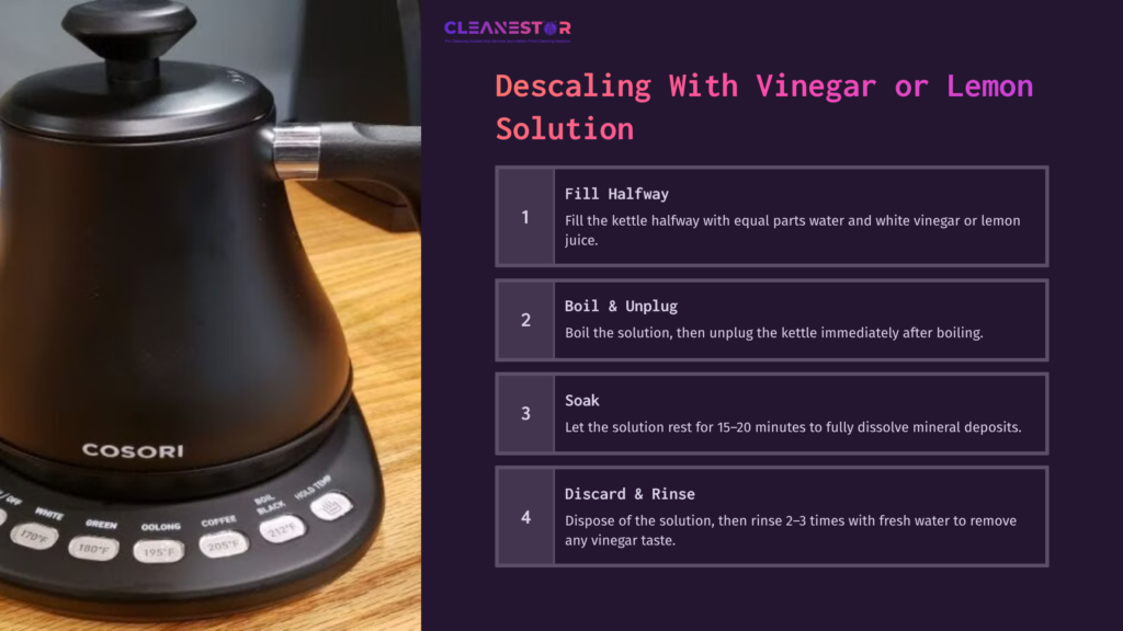 Black Cosori Electric Kettle With A Metal Spout, Next To Instructions For Descaling Using Vinegar Or Lemon, On A Purple Background.