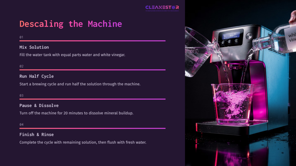 A Breville Duo Temp Pro Machine, With A Clear Water Tank, Is Being Filled With A Pink Solution From A Glass Pitcher.