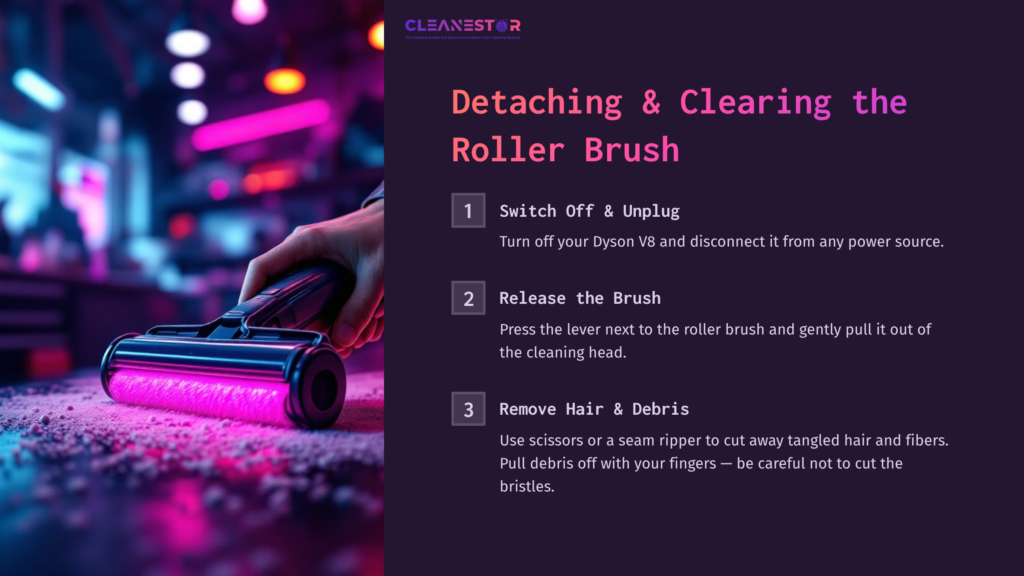 A Hand Holding A Dyson V8 Roller Brush, Set Against A Purple Background With Cleaning Instructions And Colorful Debris Scattered Below.