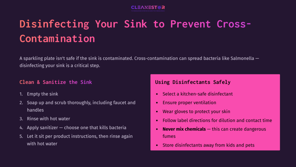 A Graphic With Purple And Pink Colors Outlines Steps For Disinfecting A Sink And Safe Use Of Disinfectants, Featuring Bold Headings And Instructions.