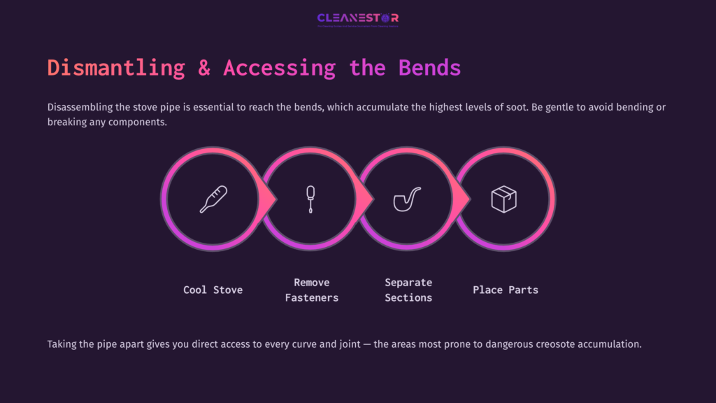 Diagram Outlining Steps For Cleaning A Stove Pipe With Bends, Featuring Icons For Cooling, Removing Fasteners, Separating Sections, And Placing Parts.