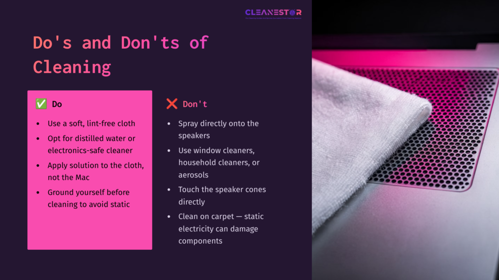 Bright Purple And Pink Background With A Close-Up Of A Macbook Pro Speaker, A White Cloth Nearby, And Cleaning Guidelines In White Text.