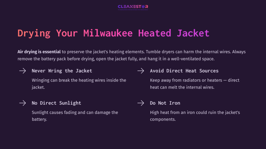 6 Drying Your Milwaukee Heated Jacket Text Instructions On Caring For A Milwaukee Heated Jacket, With Tips On Drying, Avoiding Direct Heat, And Protection From Sunlight.