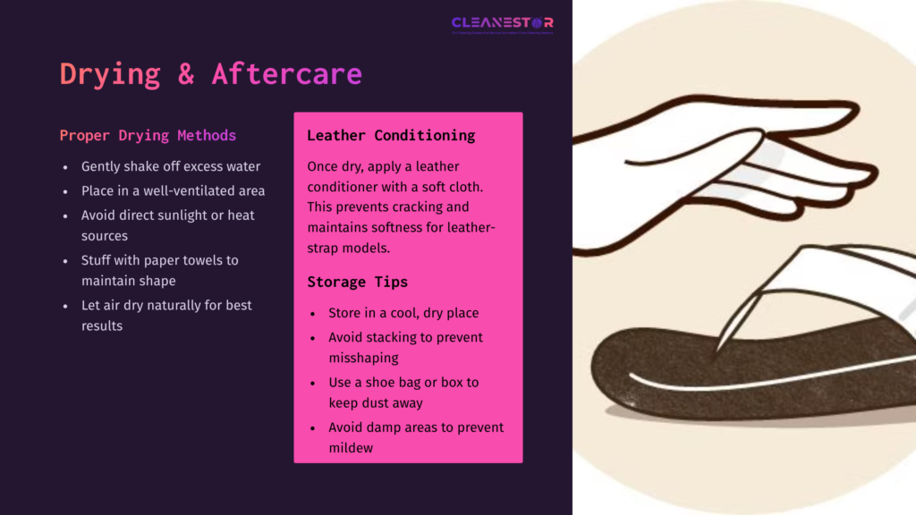 A Hand Applying Leather Conditioner To A Black Olukai Flip-Flop, Alongside Drying And Care Tips In Purple And Pink Boxes.