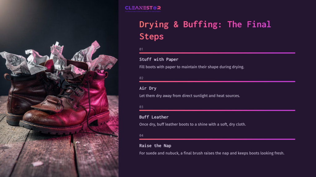 Brown Leather Frye Boots With Paper Stuffed Inside Sit On A Dark Surface, Alongside Text Outlining Cleaning Steps In A Purple-Themed Design.