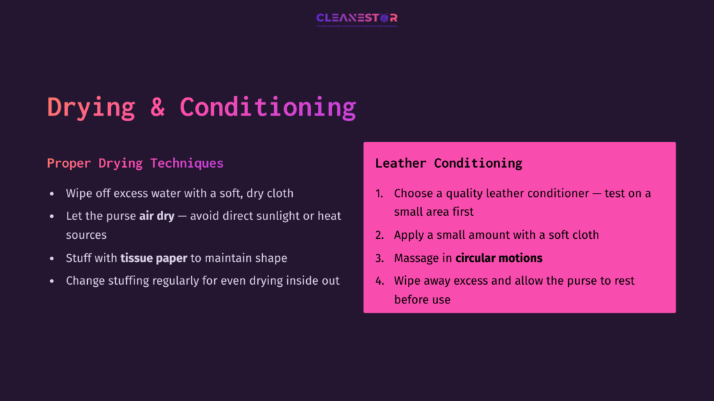 Instructions On Drying And Conditioning Leather, With A Dark Purple Background And Pink Highlighted Steps For Effective Care.