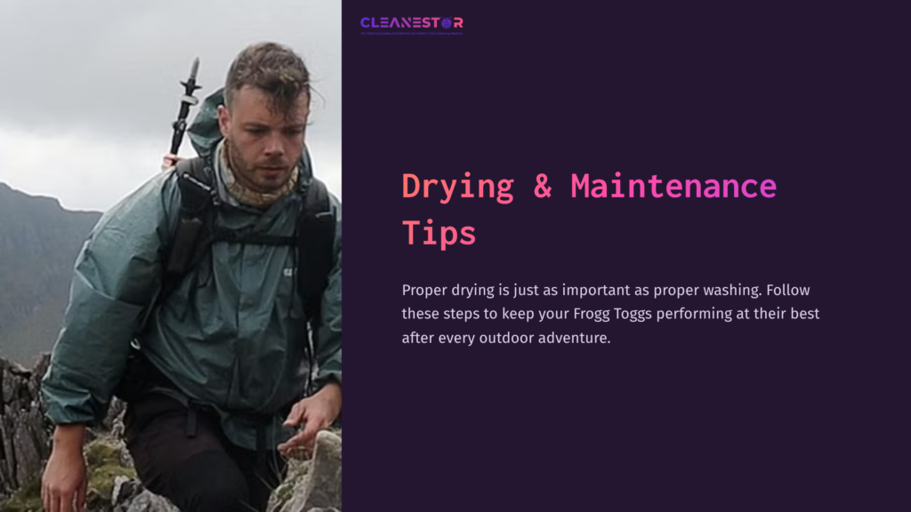 Man In A Green Rain Jacket On A Rocky Mountain Trail, Focused On Outdoor Activity, With Text Highlighting Cleaning And Maintenance Tips For Frogg Toggs.